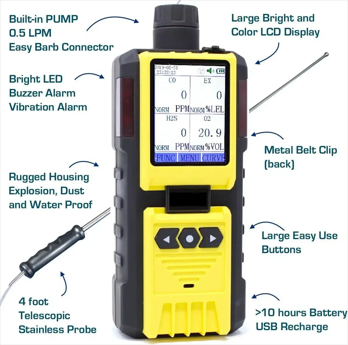 Lango Detector de gas múltiple portátil 6 en 1 Ex O2 Co H2s CO2 So2 No No No2 con bomba externa