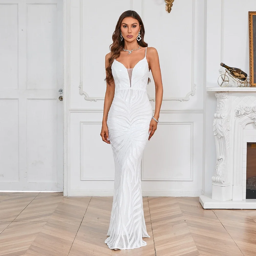 

Sexy New Women White Trumpet Sequin Party Maxi Dress Sexy Floor-Length Strap Long Evening Dress