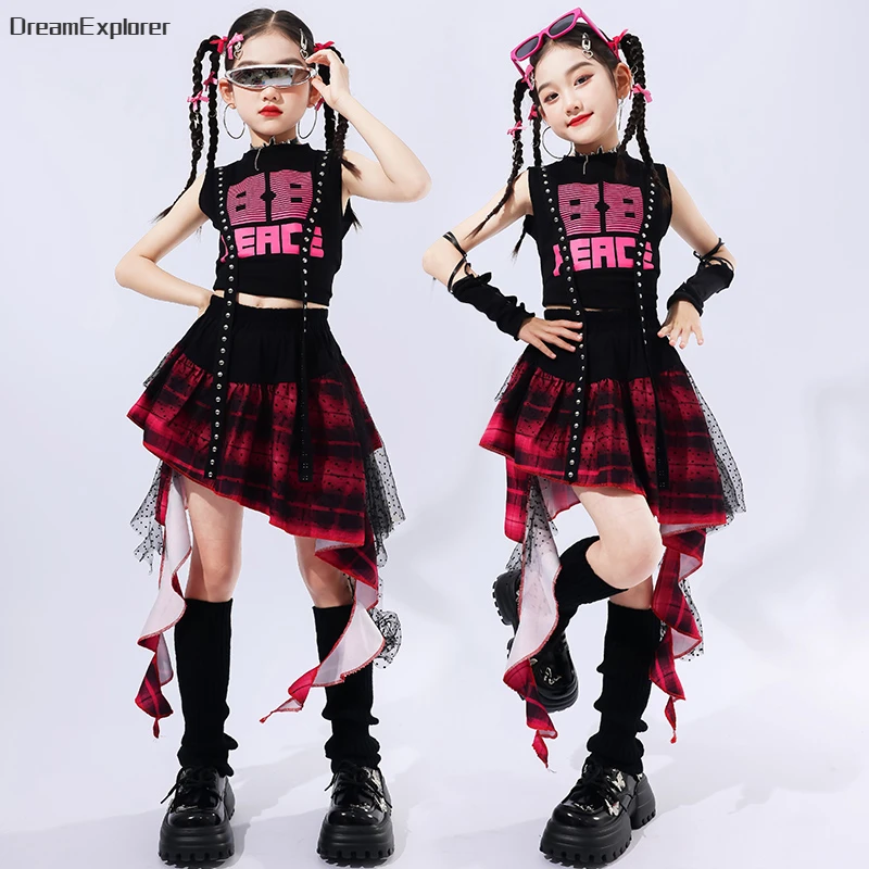 Girls Hip Hop Crop Top Plaid Street Dance Lace Ribbon Skirts Kids Sweet Jazz Cheerleader Costumes Child Streetwear Clothes Sets