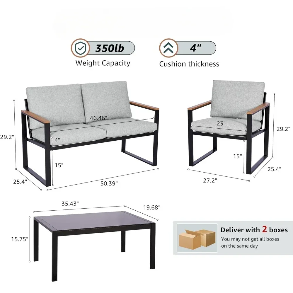 4 Pieces Sets Outdoor Metal Sectional Furniture Set,Anti-Scald Armrest,Sling Mesh,Tempered-Glass Table,Cushions