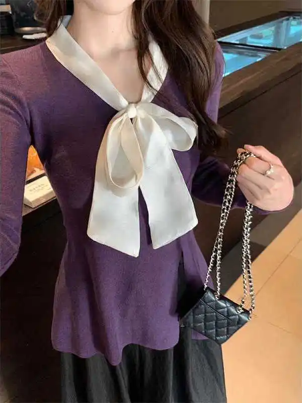 Elegant V-neck Long Sleeve Knitted Sweater Women's Slim Fit  Knot Design Fashionable Split Upper Body French Style