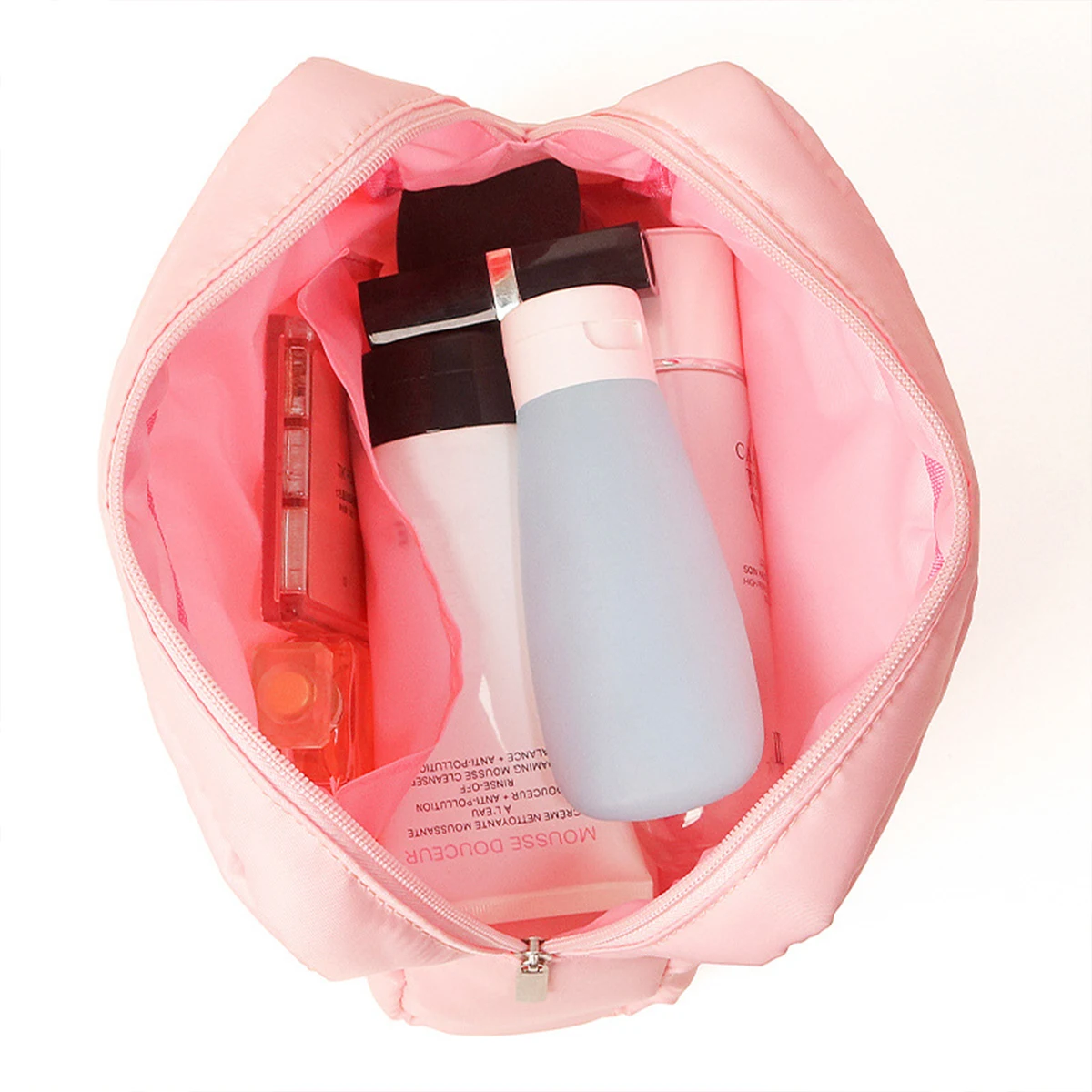 Nylon gewatteerde make-uptas, draagbare opbergtas met borduurgaren, multifunctionele toilettas met ritssluiting