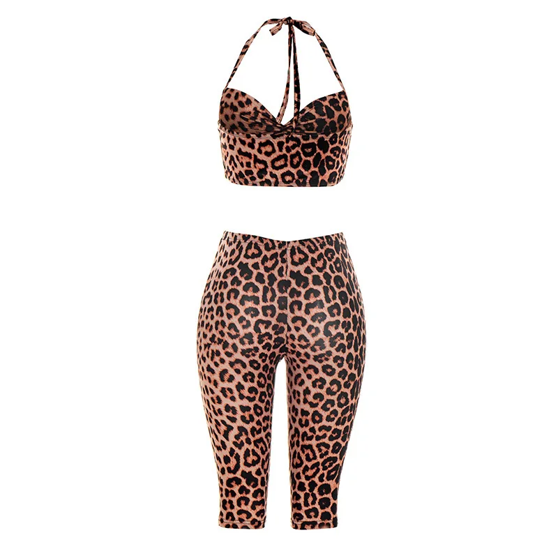Leopard print neck hanging short top+tight five quarter pants two-piece set