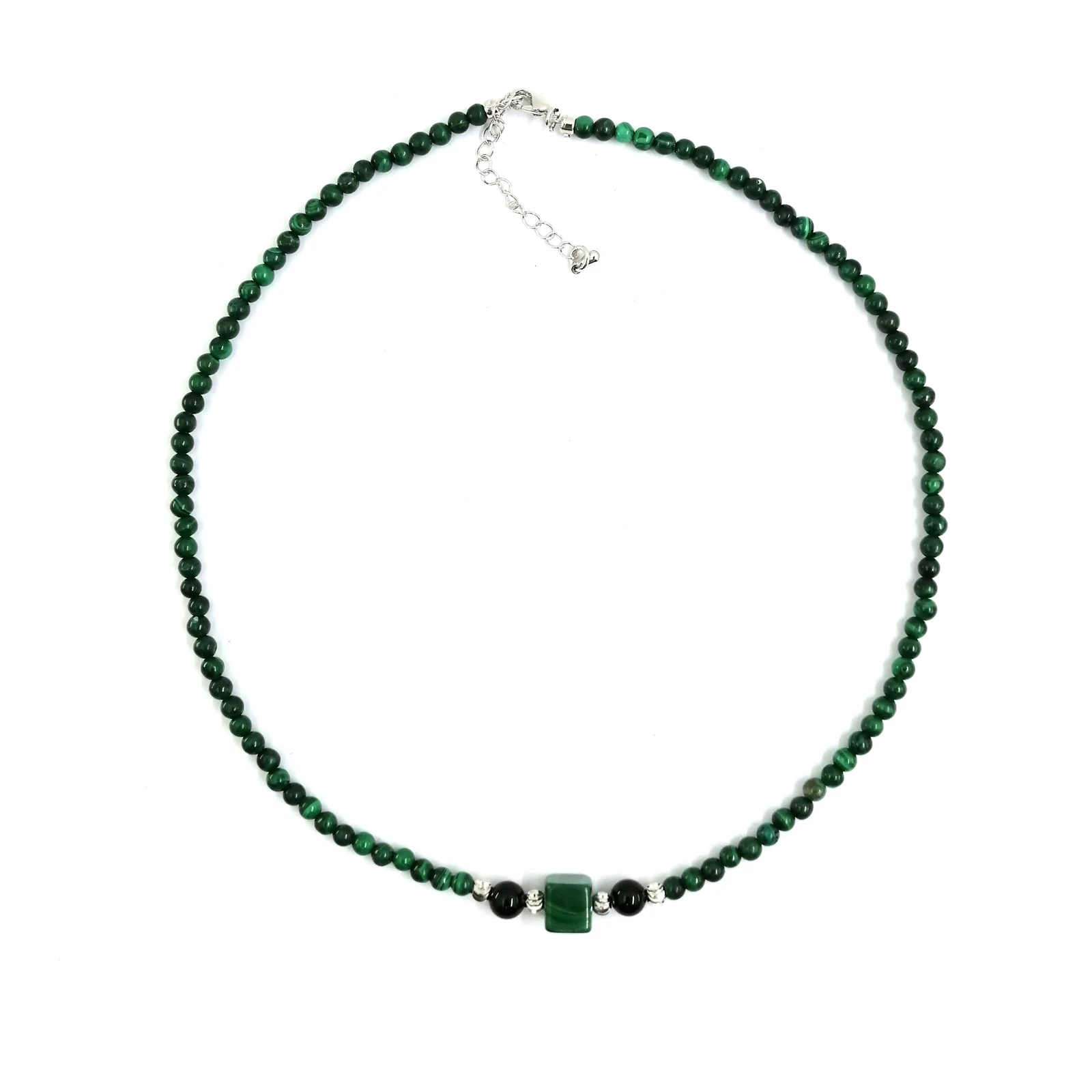 Elegant Malachite Beaded Necklace - Delicate 4mm Malachite Rounds with 8x8mm Square and 6mm Black Onyx Beads Adjustable Length