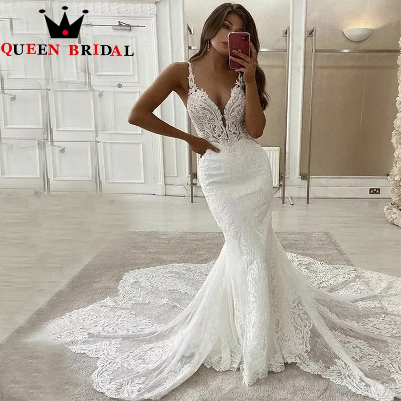 

Exquisite Lace Mermaid Wedding Dresses V Neck Spaghetti Straps Backless Sleeveless Bridal Gown Robe De Mariée Custom S28X