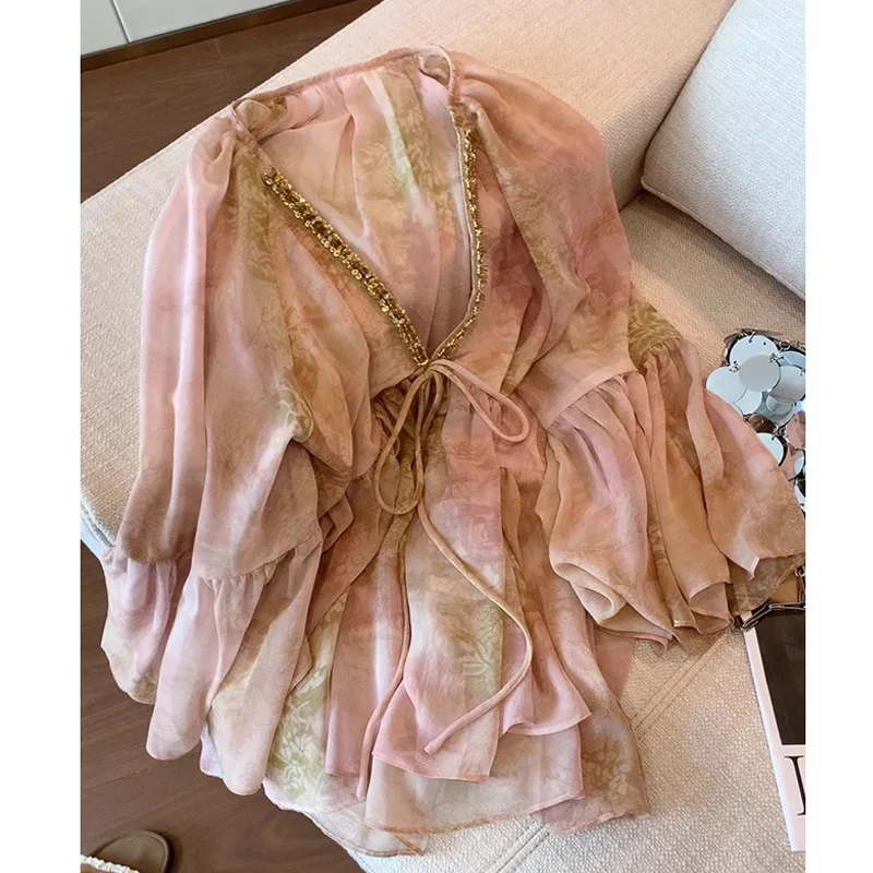 

Bohemian Print Splicing Sequin Chiffon Shirt Blouse Women's Tops V-Neck Long Sleeve Spring And Autumn Shirt Vacation Beach Tops