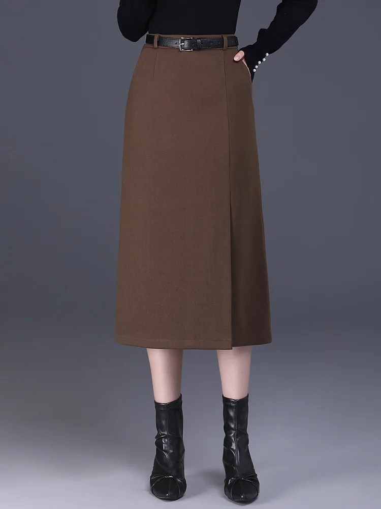 

SUCH AS SU Fashion Fall Winter Woolen Sexy Skirt Women Black Coffee Gray High Waist Occupation Work Mid-Long Pencil Skirt Ladies