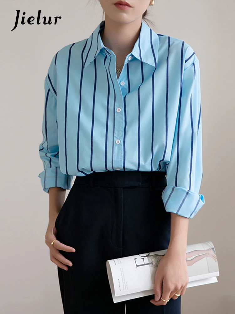 

Jielur Blue Striped Shirt Women's New Fashion Casual Female Shirts Long Sleeved Loose Fitting Hong Kong Style Blouses Spring