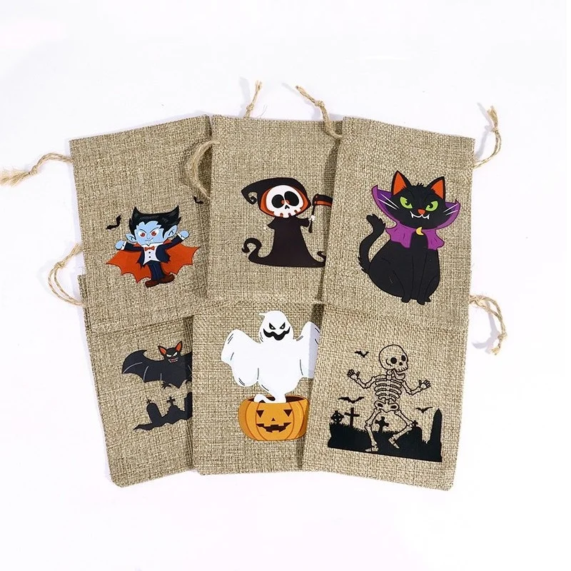 4pcs/8pcs/12pcs Halloween Linen Bun Storage Bag Halloween Pattern Candy Gift Packaging Bag Linen Drawstring Bag