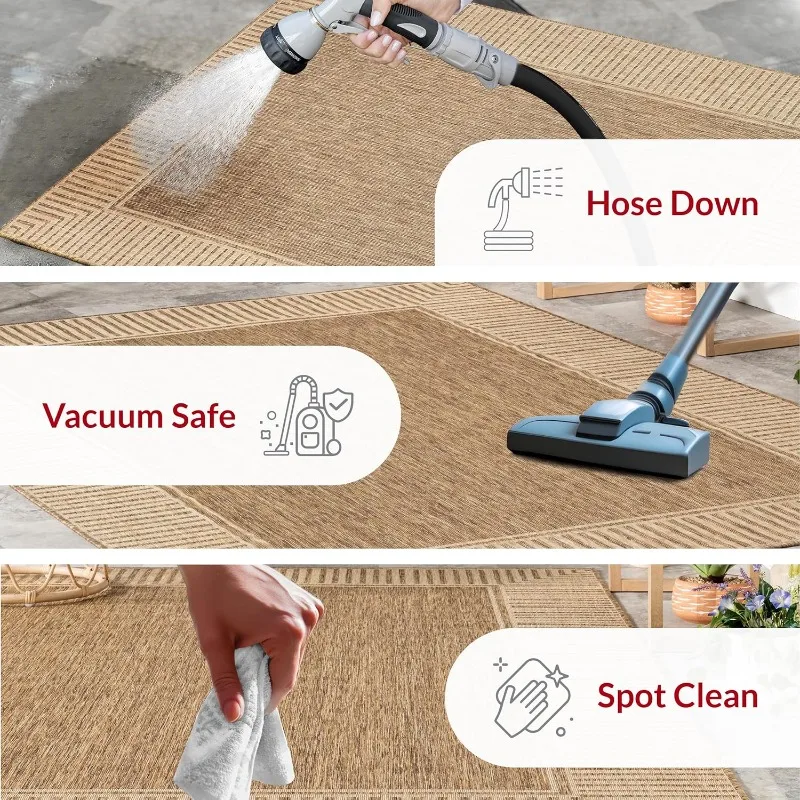 سجادة منطقة خارجية مقاس 9'6 بوصة × 12 بوصة، تصميم كاجوال مع حدود مخططة، مقاومة للبقع، متينة للغاية، للفناء والشرفة وغرفة النوم