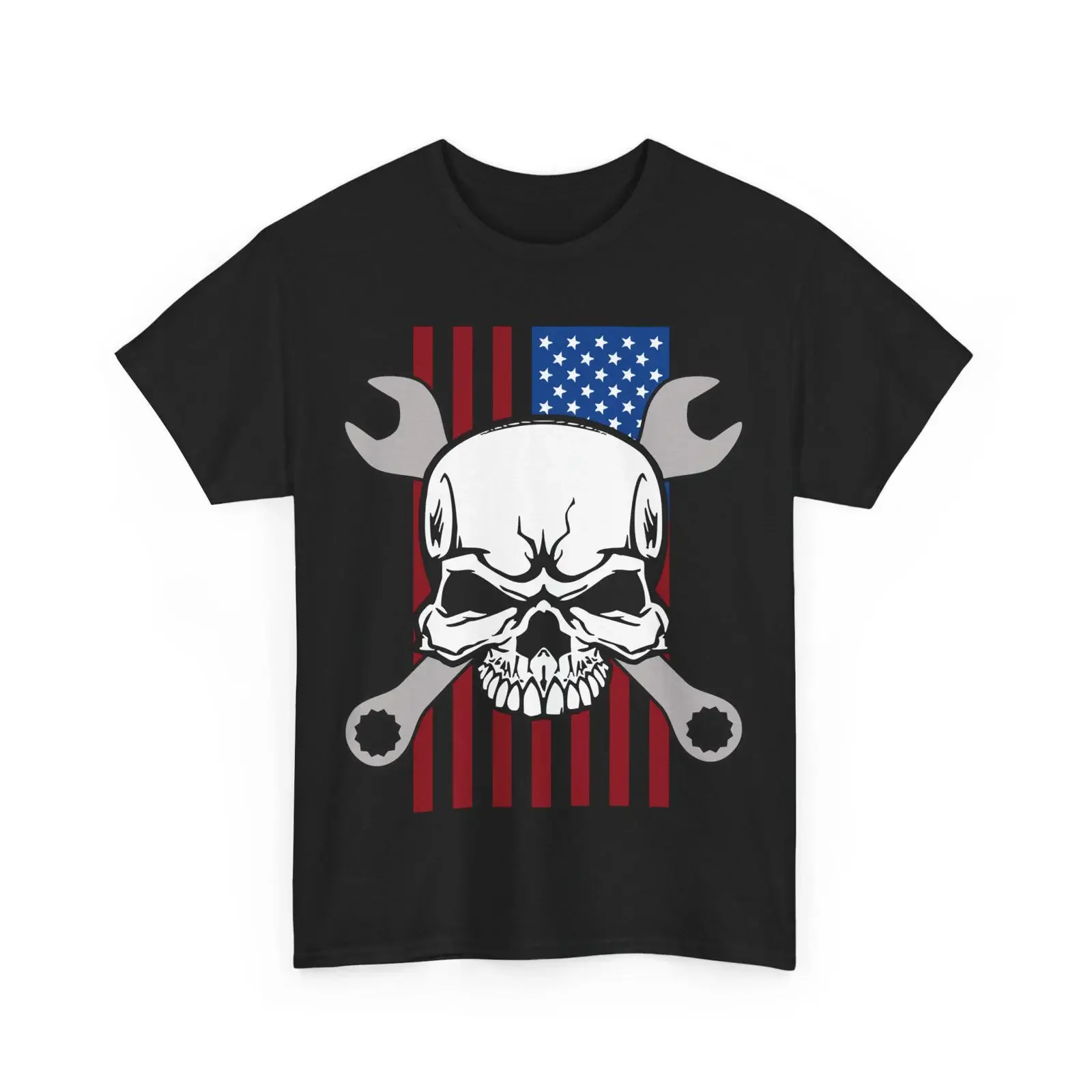 American Flag Skull Cross Wrench Mechanic Heavy Cotton T Shirt for Auto Enthusiasts Father's Day Labor vintage Washed