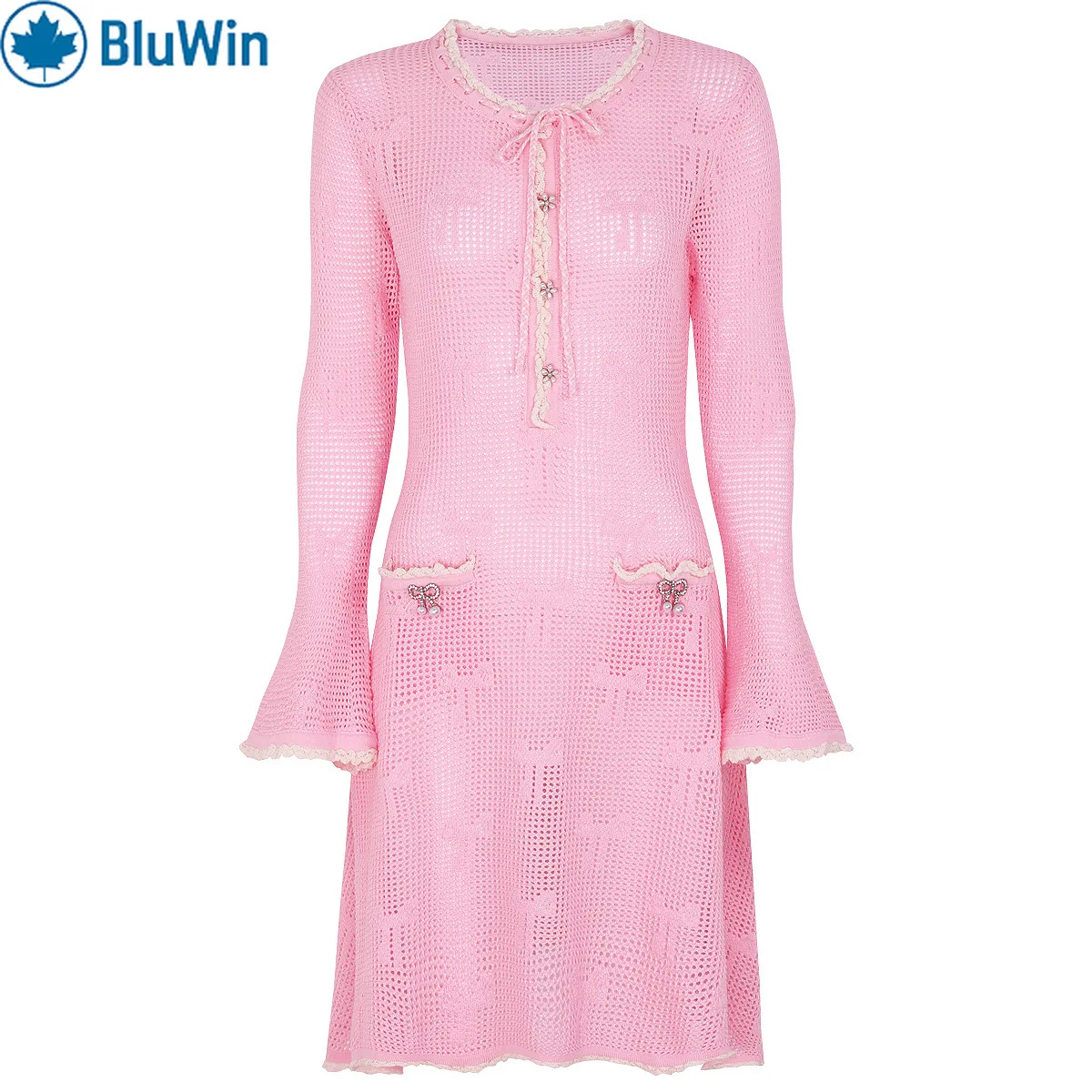 

URBANCHIC Bow Crochet Knit Mini Dress Women Lace-Up Neck Bell Sleeves Slim Bodycon Pink Beach Cover-Up Cute Party Outfit