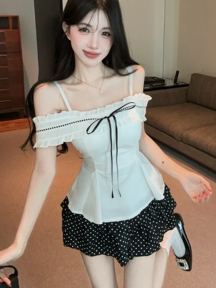 

Sweet And Spicy Polka Dot Slimming Two-Piece Set Summer New Style Contrast Color One-Shoulder College Style Fashion Women's C...