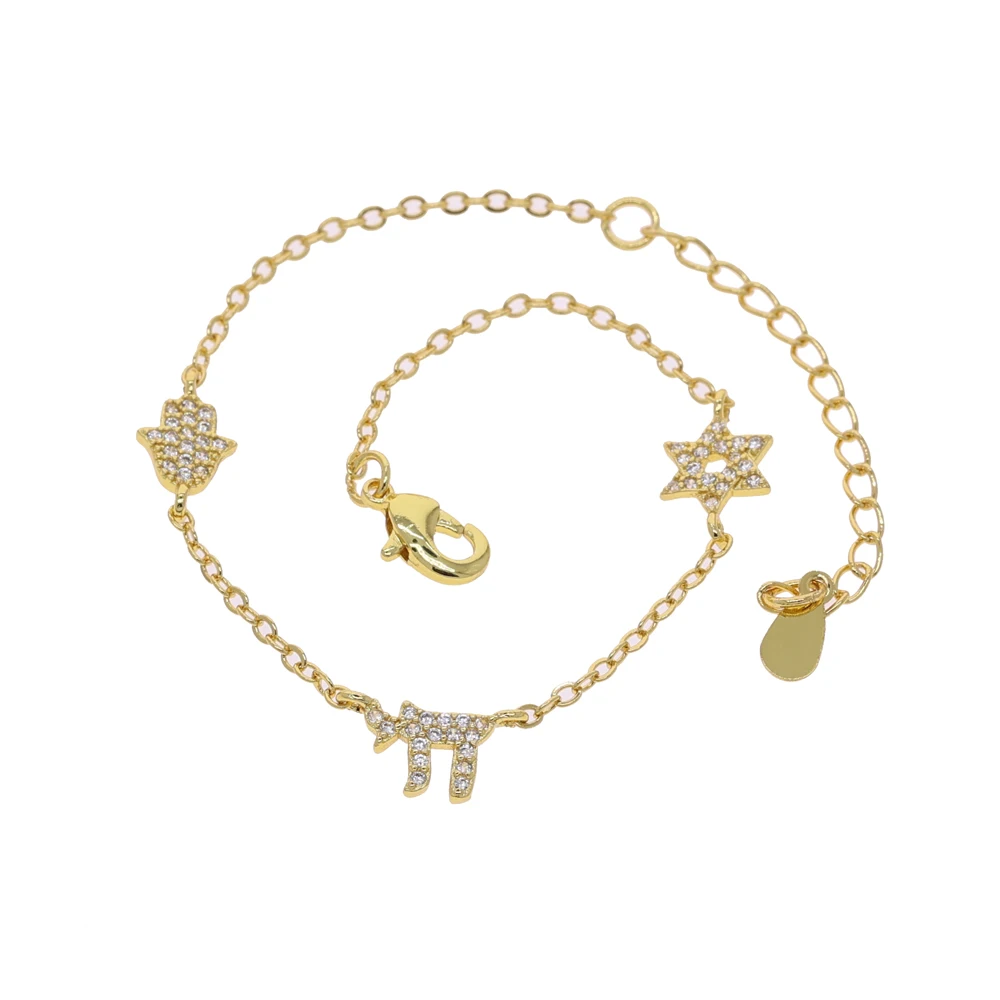 Lucky Charm Chain Eye Star Fish Chai Charm Symbol Sign of Life Amulet Jewish Religious Jewelry Gold Color Bracelet