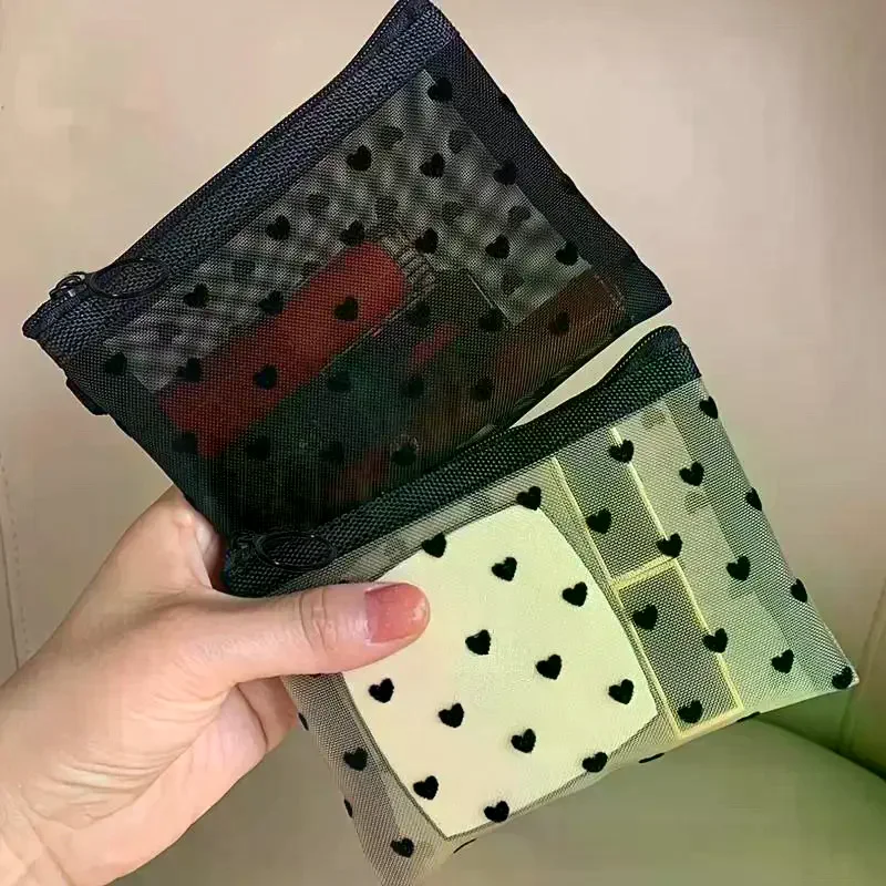 /HTF/Transparent Mesh Makeup Bag With Cute Black Heart Pattern Smooth Zipper For Travel Cosmetic Storage