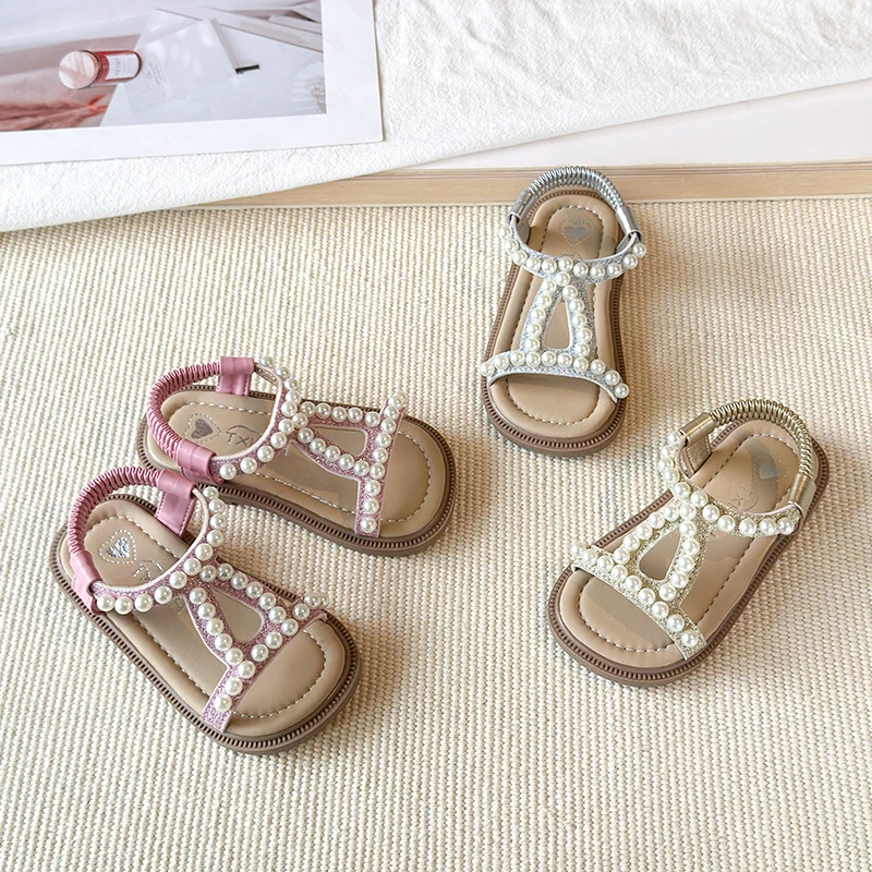 Mumoresip Girls Princess Pearl Sandals Sequins Chic Outdoor Kids Beach Shoes Open-toe Breathable Children Slip-on School Sandals