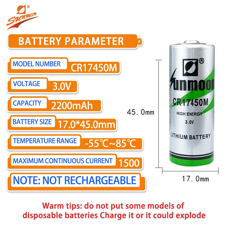 SUNMOON CR17450M Lithium Meng Battery 3V Intelligent Watermeter RAM Memory PLC Equipment Flowmeter Smoke Sensing Gas Meter