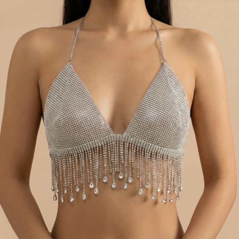 Bling Silver Rhinestone Tassel Camis Tops Night Club Dance Show Party Sexy Backless Tops Corset Summer Body Jewelry Halter Top