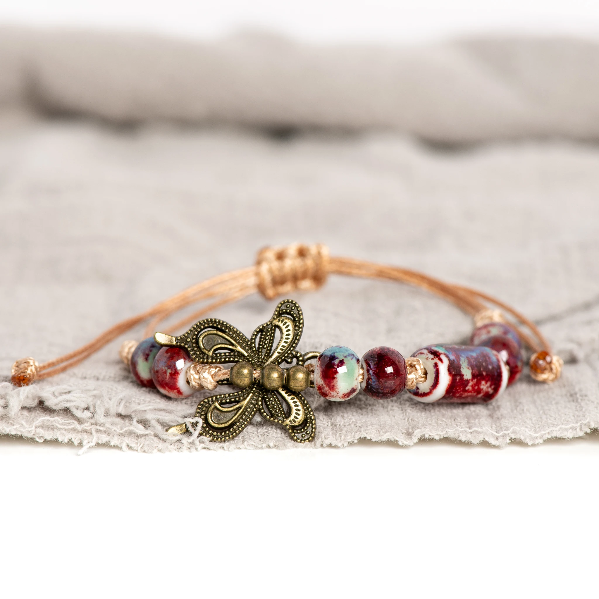 Handmade Multicolor Ceramic Bead Bracelet with Butterfly Charm Adjustable 15-25cm