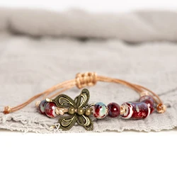 Handmade Multicolor Ceramic Bead Bracelet with Butterfly Charm Adjustable 15-25cm