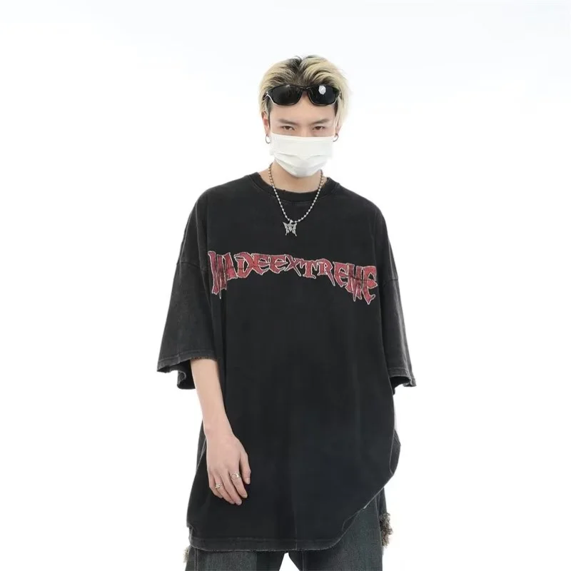 남성용 반팔 티셔츠, 힙스터 스트리트웨어, 레터 그래픽 프린트 워싱 티셔츠, 힙합 하라주쿠 오버사이즈 상의, 2024 여름