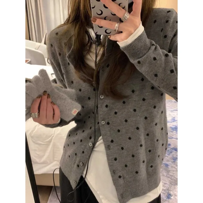 

Deeptown Gray Vintage Polka Dot Jacquard Women Cardigan Sweet Long Sleeve Korean Fashion Knitwear Loose Elegant Casual Autumn