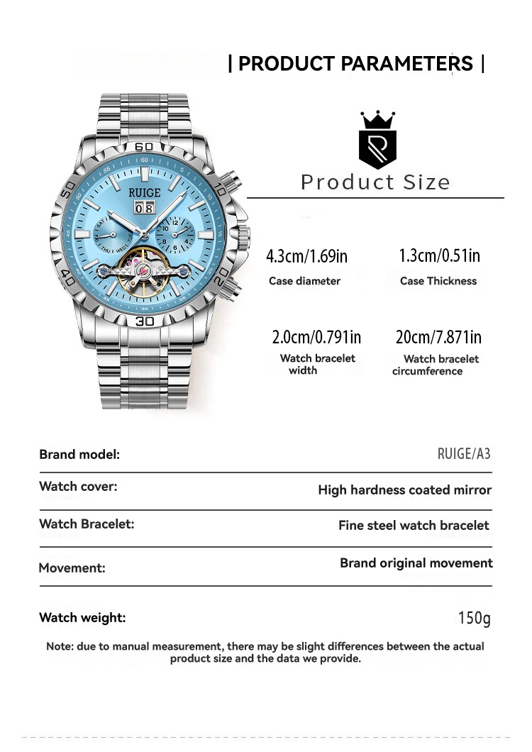RUIGE Modische Trend-Herrenuhr mit Drei-Zifferblatt-Sechs-Zeiger-Edelstahlarmband, Automatische Mechanische Uhr – Detail 9