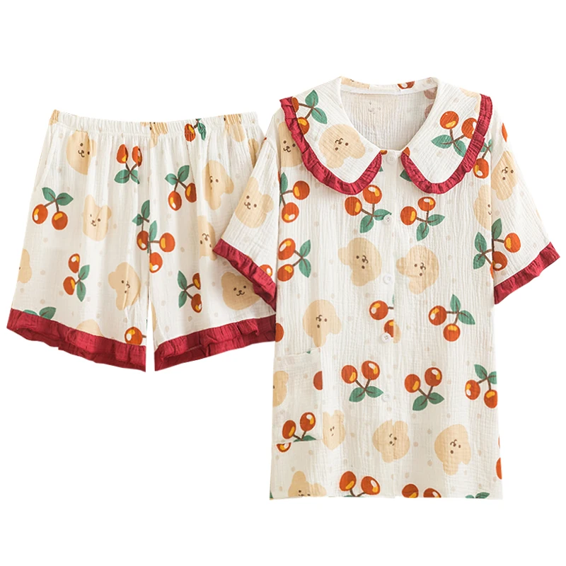 Princess Girl Summer Cotton Peter Pan Collar Short Sleeve Shorts Two-piece Cardigan Pajamas 2025 New Cute Print Loose Loungewear