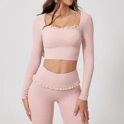 Alpha Long Sleeve Yoga Shirts Fixed Cup for Women Square Neck Cropped Casual Tight Tshirt Crop Fitted Cute Tops