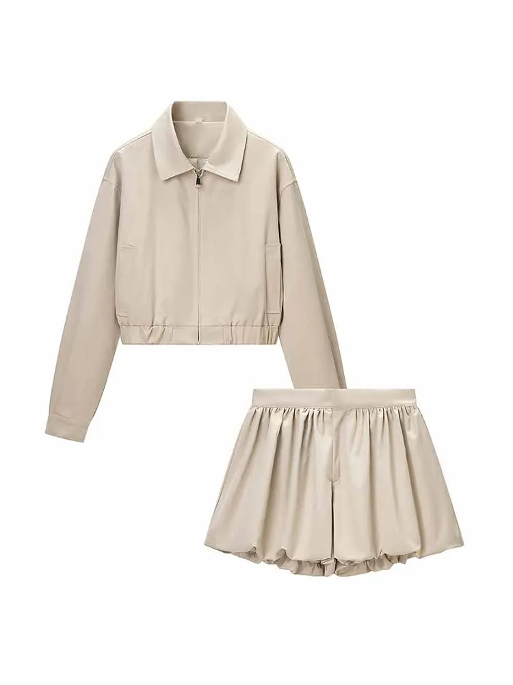 HH mujer primavera moda elegante manga larga solapa cremallera Color sólido Casual suelto corto versátil desplazamientos conjunto de dos piezas