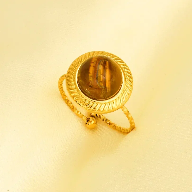 1pc New Retro Bohemia Stainless Steel Brown Tiger Stone Ring Gold Color Originality Sun Oval Peach Heart Adjustable Accessories