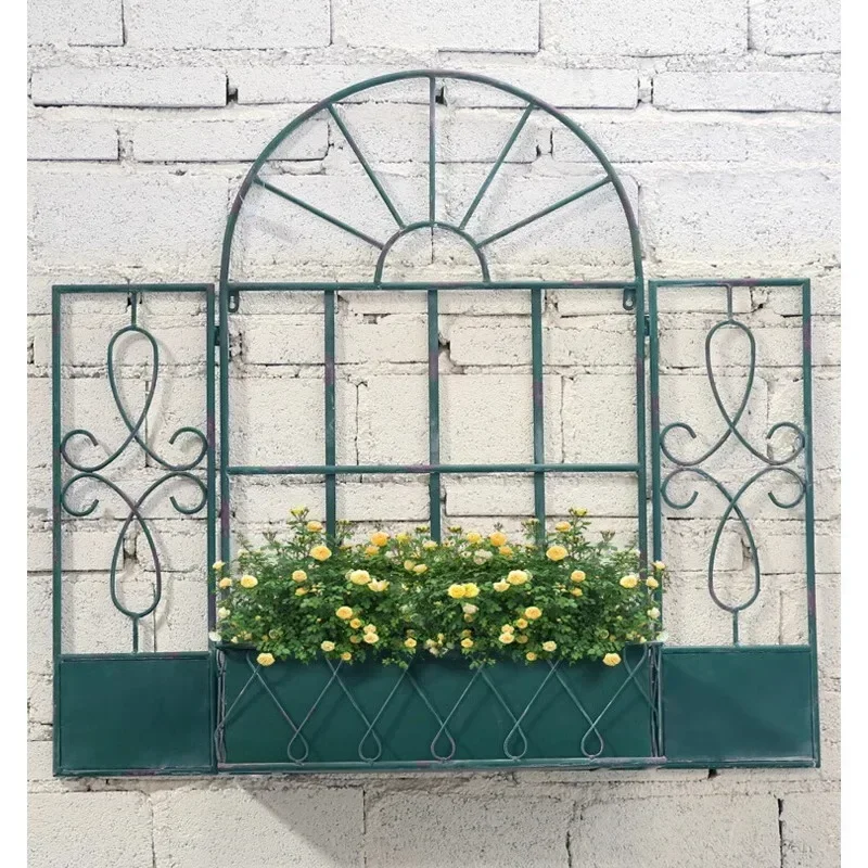 European Retro Iron Flower Rack Fake Window Design for Balcony Courtyard Wall Decoration Garden Corridor Plant Bonsai Holder