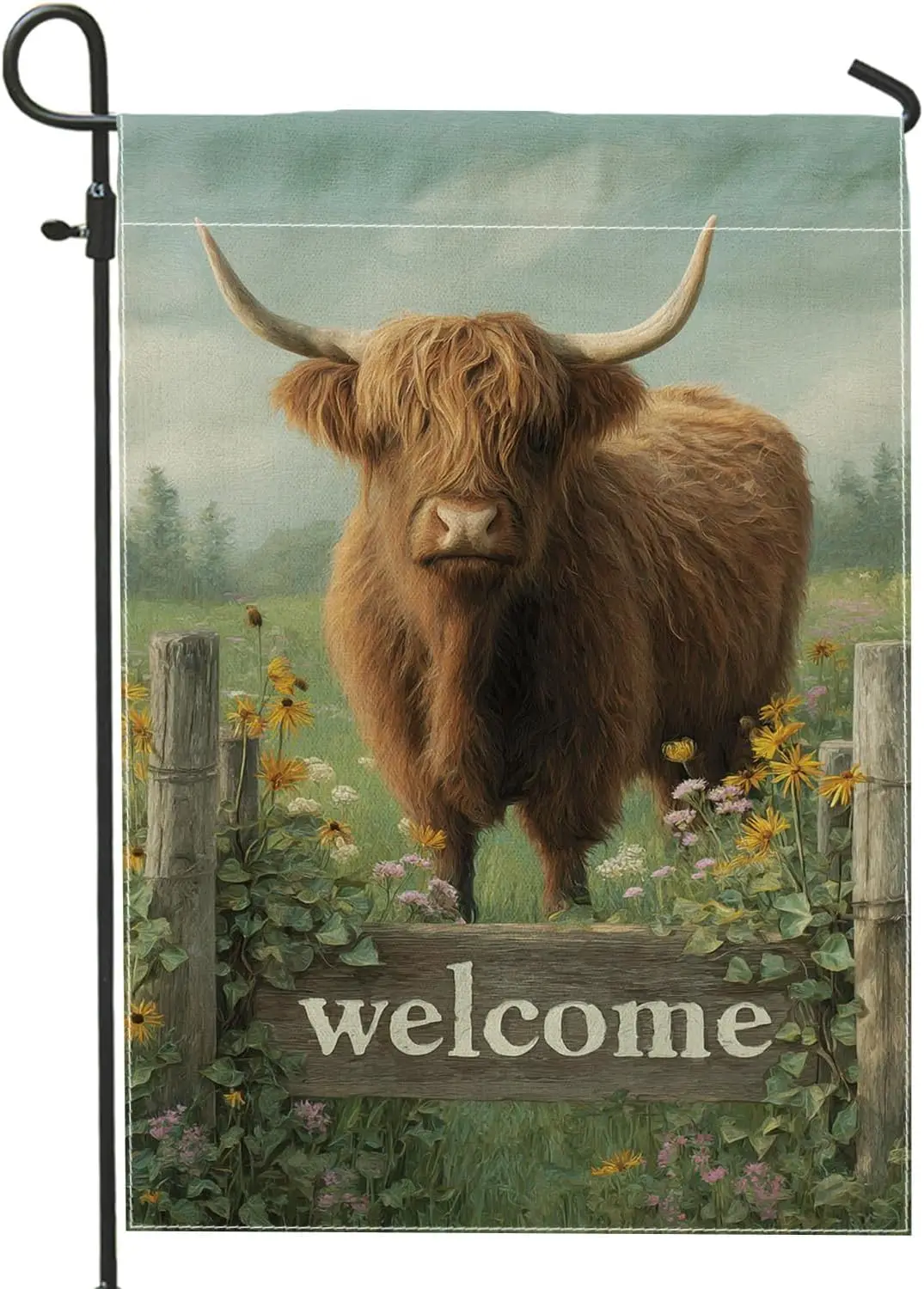 Highland Cow Welcome Garden Flag, Brown Floral Summer Yard Banner, Rustic Farmhouse Outdoor Lawn Decor, Double Sided Seasona yyi