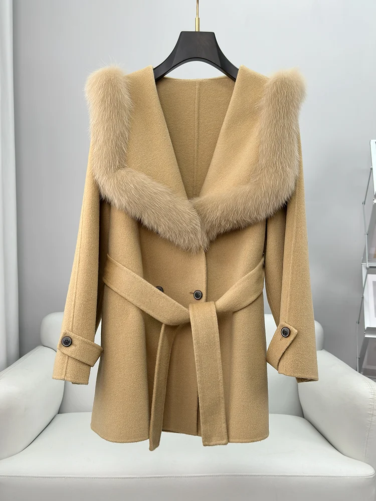 2024 Wool Coat Women Ladies Natural Fox Fur Collar Real Fur Coat Autumn Winter Jacket Women With Belt Outerwear