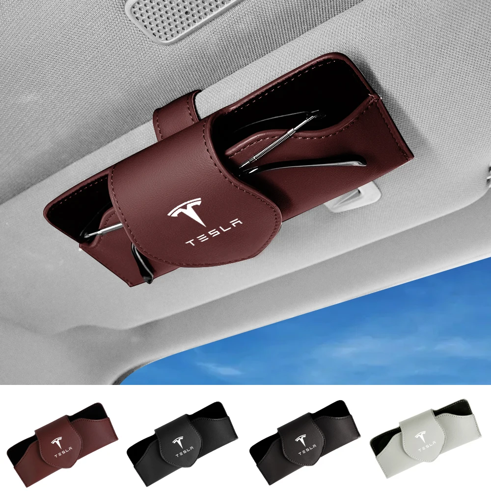 1/2Pcs Car Glasses Clip Sun Visor Sunglasses Leather Storage Case For Tesla Model 3 Y S X Roadster Cybertruck Juguete SpaceX