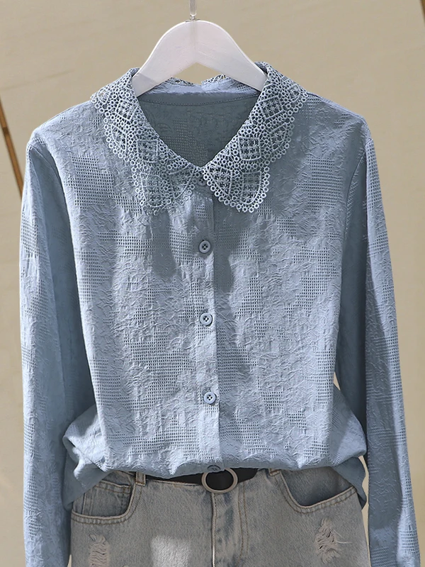 

Spring 2024 Women's Cotton Shirt Long Sleeve Lace Top Style Korean Version Breathable Comfortable Pure Color Butto...