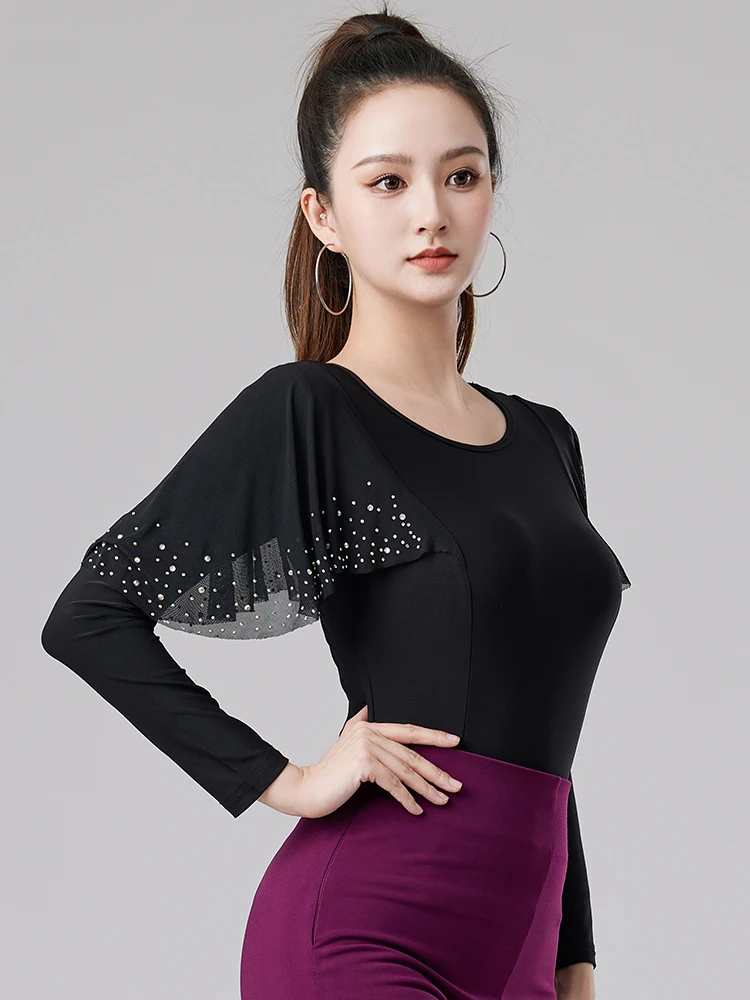 Diamond Long Sleeve Mesh Top Latin Dance Top Women's National Standard Dance Chacha Rumba Tango Modern Dance Costumes DQL11744