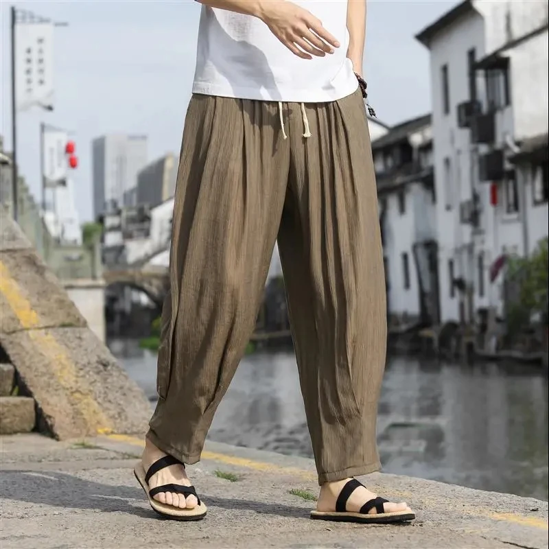 

Man Pants Chinese Wind Light Ice Silk Pants Homme Linen Pants Summer Straight Baggy Pants Cotton Hemp Casual Pants Men Clothing