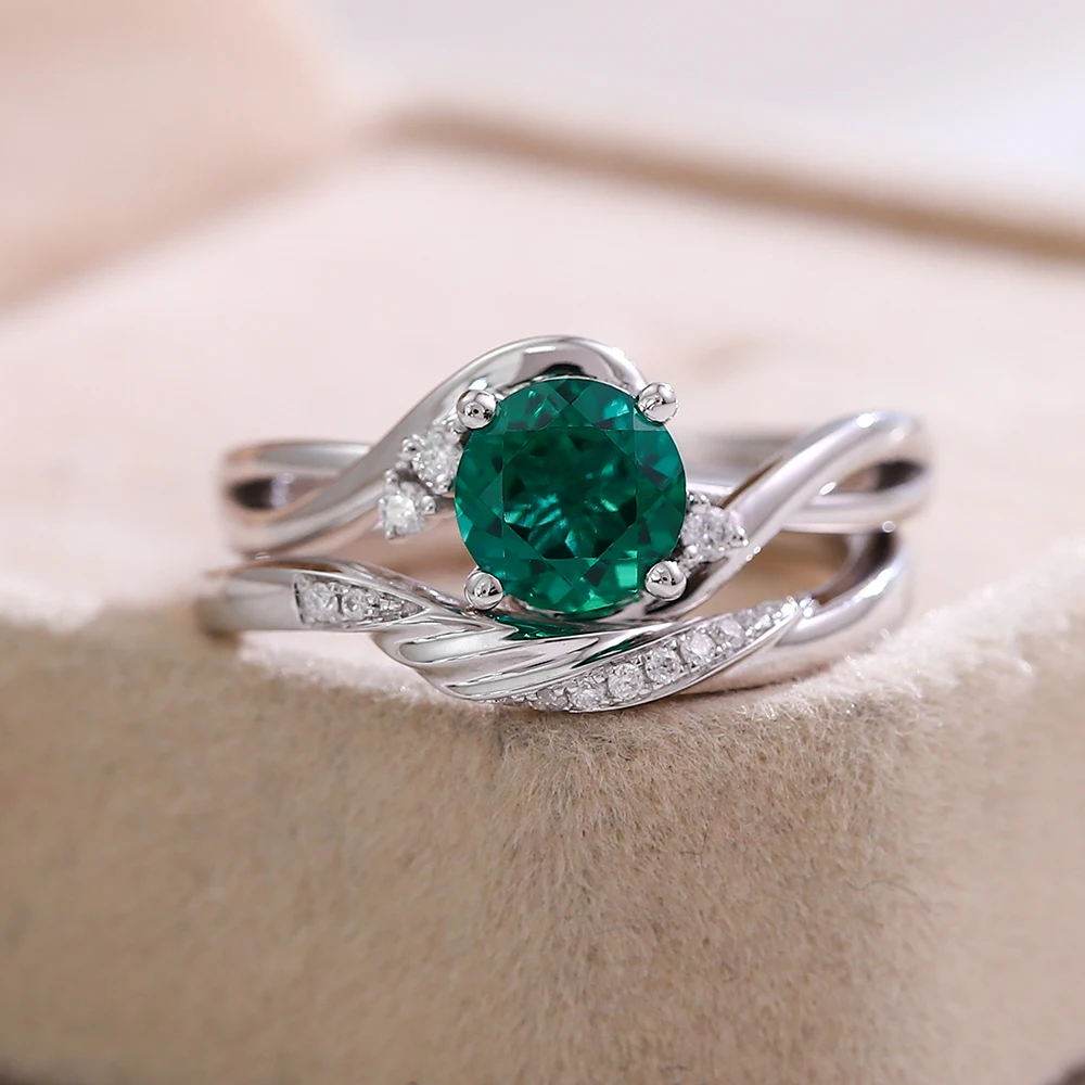 Provence Luxury stack band Solid Gold Green Lab Gemstone Lab Diamonds Bridal Set Engagement band Accent Ring Personalized Custom