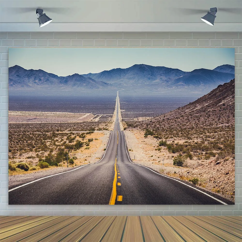 US Route 66 Backdrop American Wild West Road Western Mountain Desert Valley Photography Background Birthday Trip Party Decor