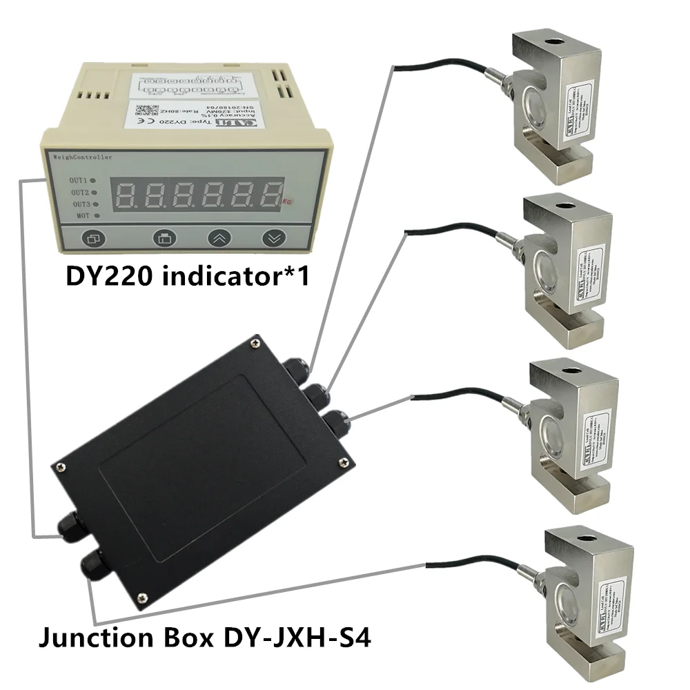 S type  indicator  DYLY-103 500kg 300kg 1t 1.5T load cell kits with 4 channel metal junction box DY220 indicator light LCLY-B03