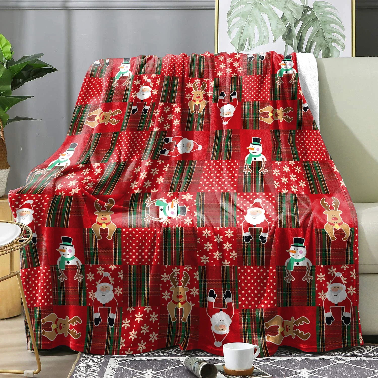 

Cozy Christmas Winter Throw Blanket with Red Santa Patchwork Pattern Flannel Bedding Cover for Sofa and Knee