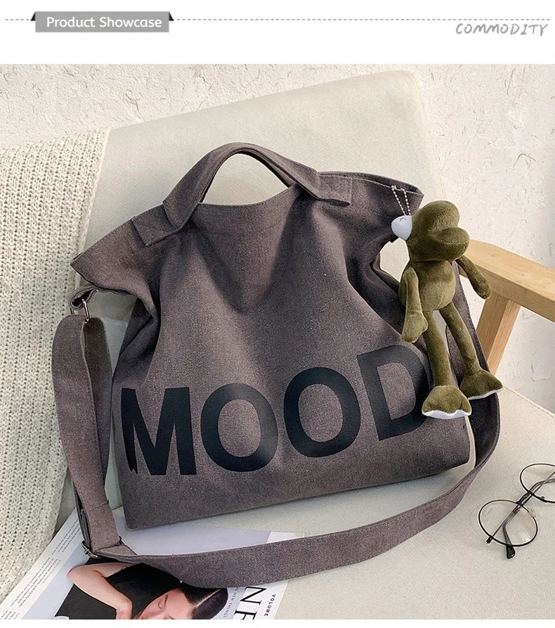 Große Canvas-Tasche mit Buchstaben-Aufdruck in Unifarben, Unisex-Modell mit Gleichem Canvas-Umhängeband, Große Kapazität Shopper-Tasche – Detail 3
