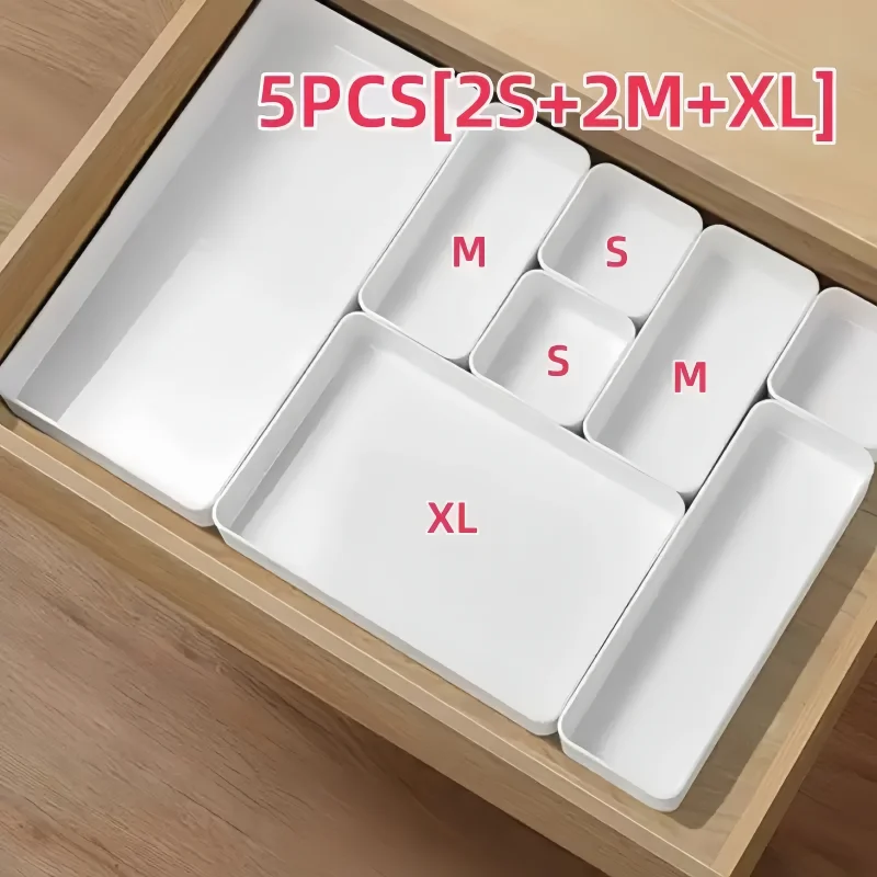 5 pcs Drawer Storage Set Plastic Drawer Divider Storage Boxes for Cosmetics, Stationery, Kitchen Utensils and Home Organization