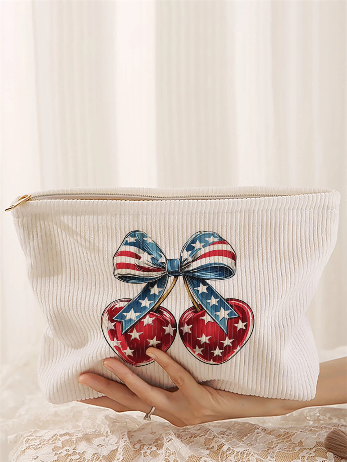 1 borsa per il trucco in velluto a coste con motivo a nodo a farfalla, scatola portaoggetti leggera per il trucco con cerniera, borsa multifunzionale con fodera