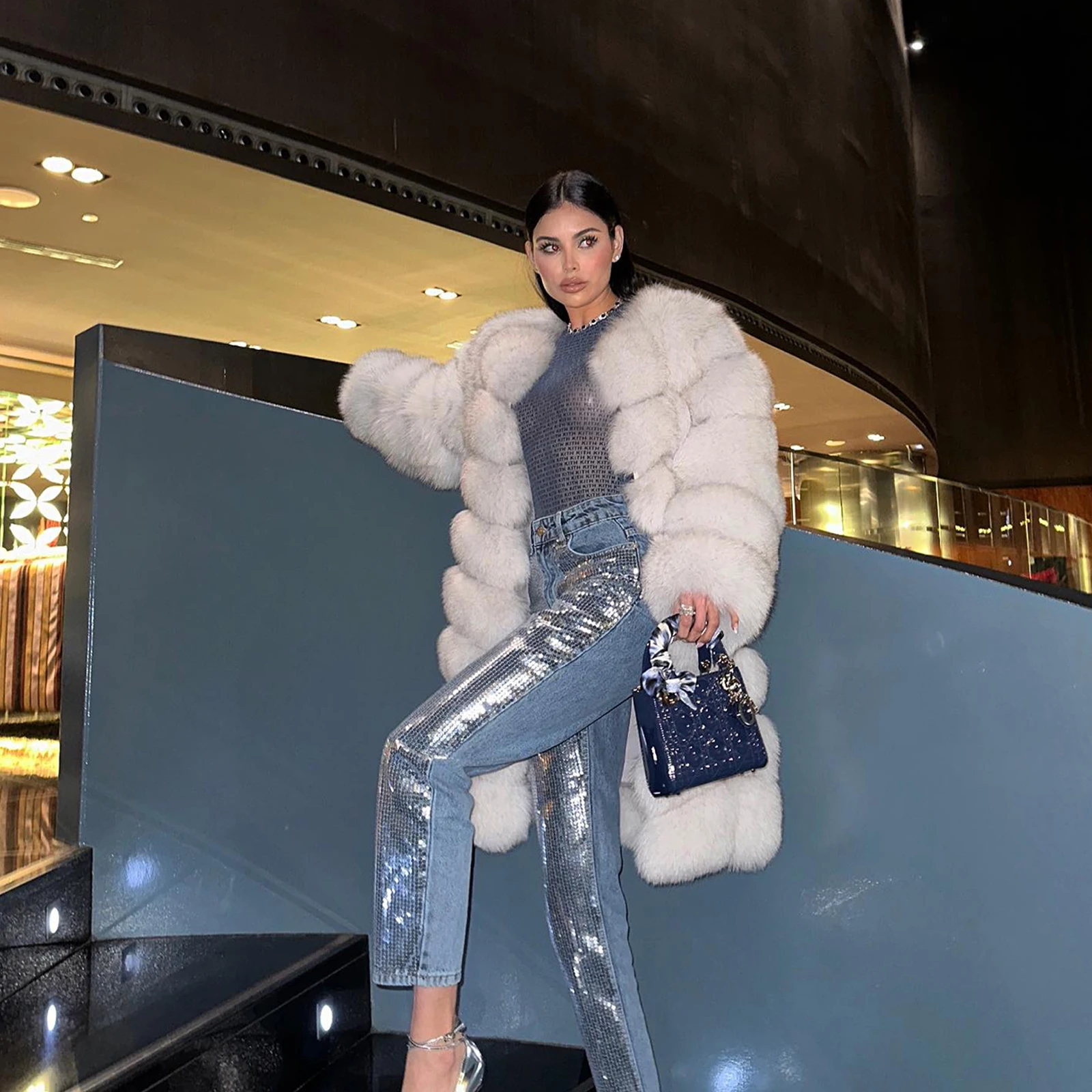 Natural White Real Fox Fur Coat Round Collar High Quality Long Genuine Leather Wholeskin Fox Fur Coats Outwear Casual Women