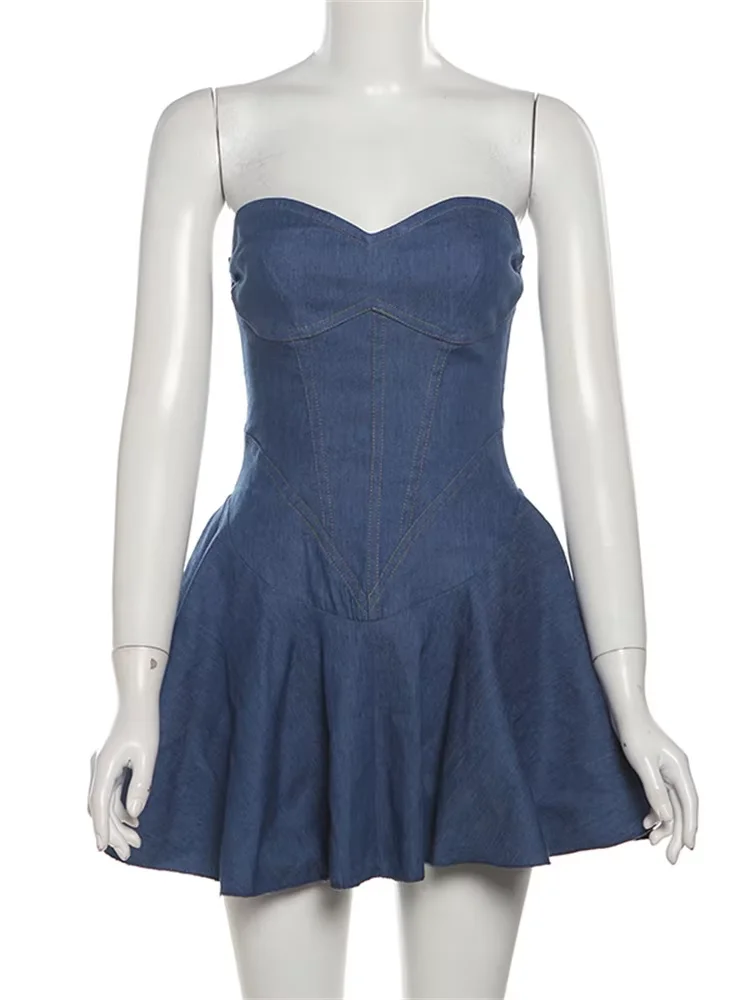 kliou Fake Denim Women Mini Dresses Summer Classic Fashion Strapless Cleavage Draped A-line Bodycon Female Party Y2K Clubwear