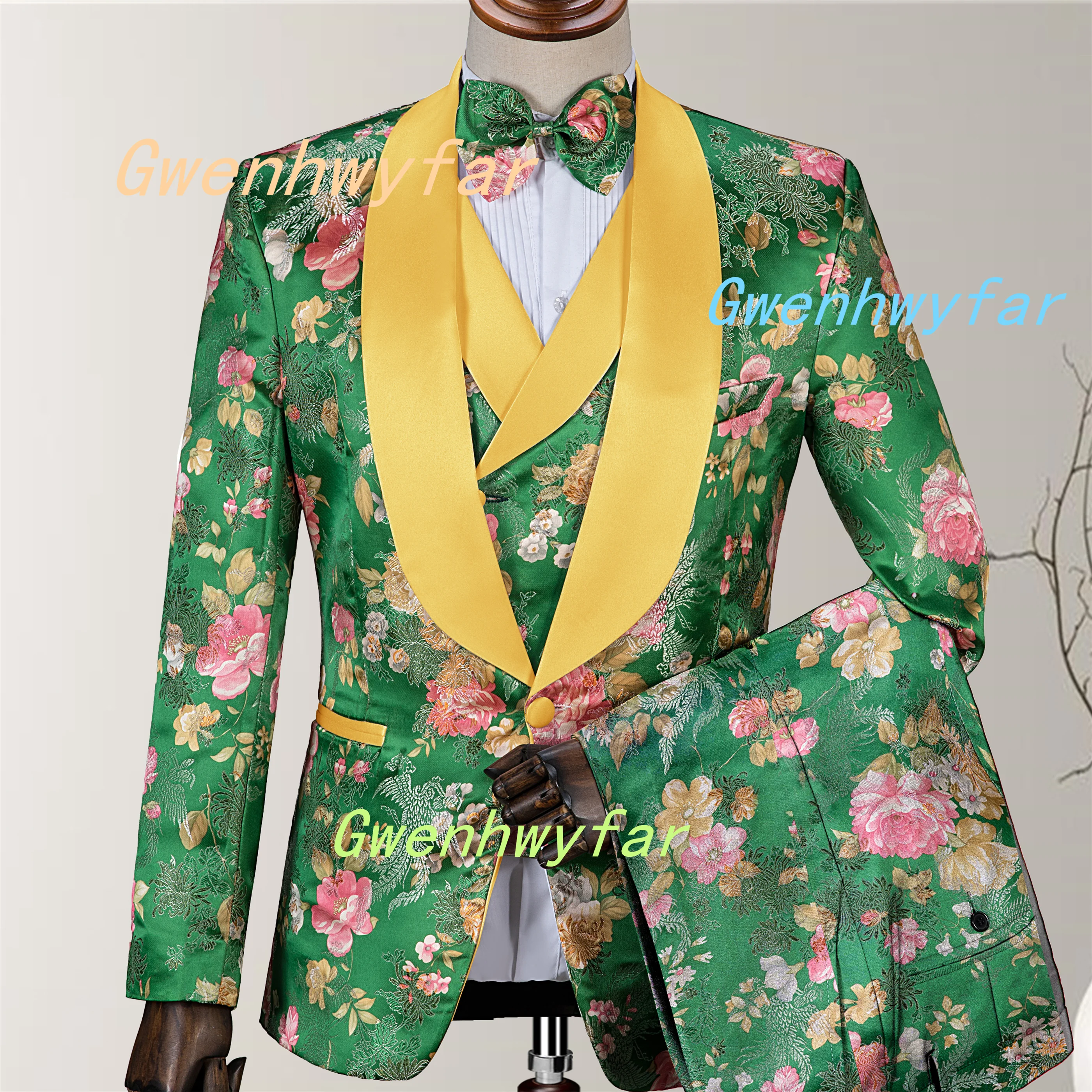 Nina Store Colorful Embroidered Suit Green Yellow Lapel Single Breasted Tuxedo 2025 New Ball Suit, including jacket, pants, vest