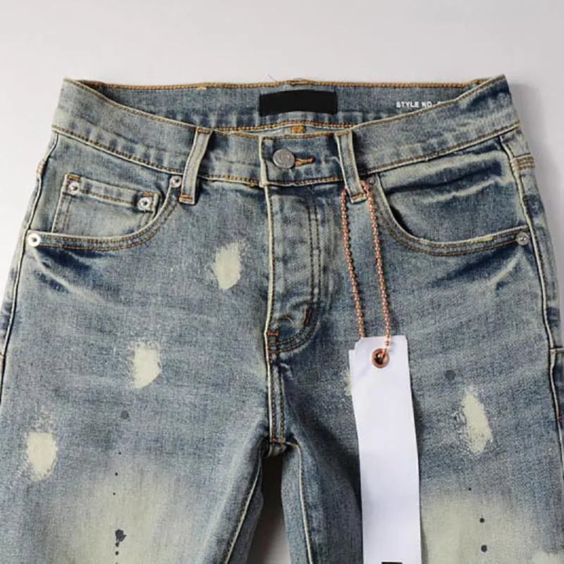 2024 new high street blue ripped distressed  Purples Man jeans fashion repair low rise skinny denim trousers brand pants