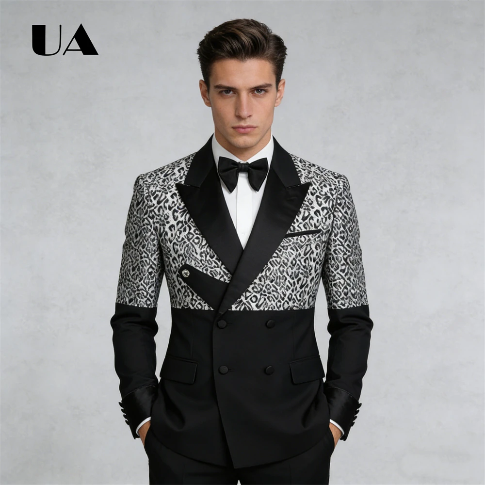 Leopard Printed Patchwork Suit for Men, Custom Tailoring Two Piece Suit Jacket Pant, High Street Trendy Tuxedo Suit Attire